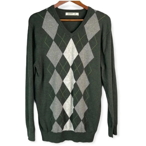 OLD NAVY Mens Argyle Pattern V-Neck Sweater Academia Prep Green Knit Cotton L - Picture 2 of 11